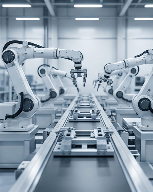 Linha de produção industrial com braços robóticos